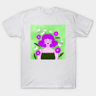 Happy girl with flowers and dragonflies, version 4 T-Shirt